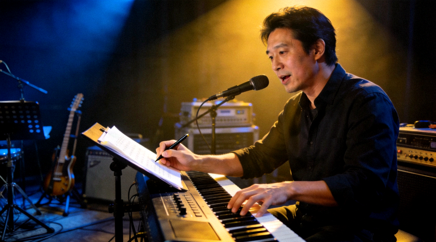舞台聚光灯下的专业实力音乐人专注进行艺术创作与现场表演